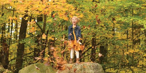 Girl standing on a large rock throwing leaves at Almon Park in Autumn