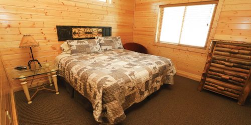 Cabin themed bedroom at Clear Lake Inn